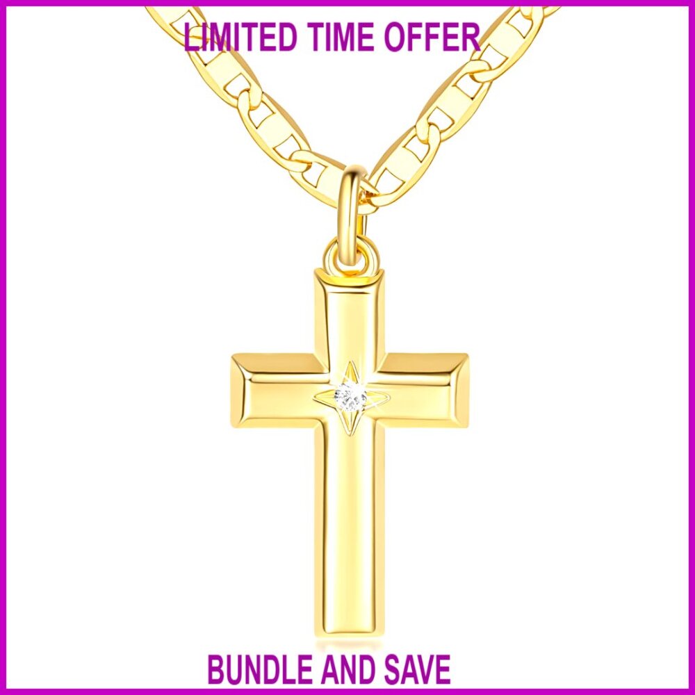 14k Gold Plated Cross Necklace 48cm Chain CZ Stone Pendant